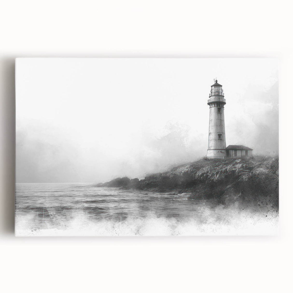 Stretched canvas wall art displaying a serene lighthouse surrounded by vibrant ocean waves and a clear blue sky, perfect for coastal decor enthusiasts.