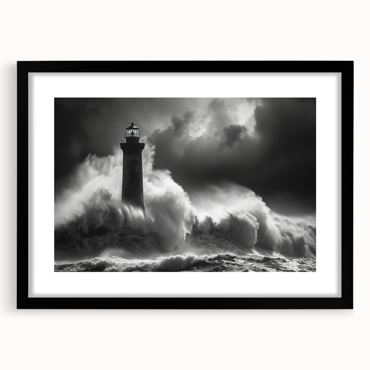 Framed wall art collection showcasing a serene lighthouse landscape design, featuring a black frame and white mat, perfect for enhancing home decor.