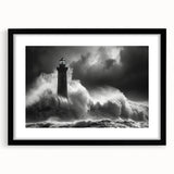Framed wall art collection showcasing a serene lighthouse landscape design, featuring a black frame and white mat, perfect for enhancing home decor.