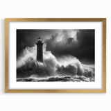 Framed gold wall art collection featuring a serene lighthouse landscape design with a mat, perfect for enhancing home decor and creating a coastal ambiance.