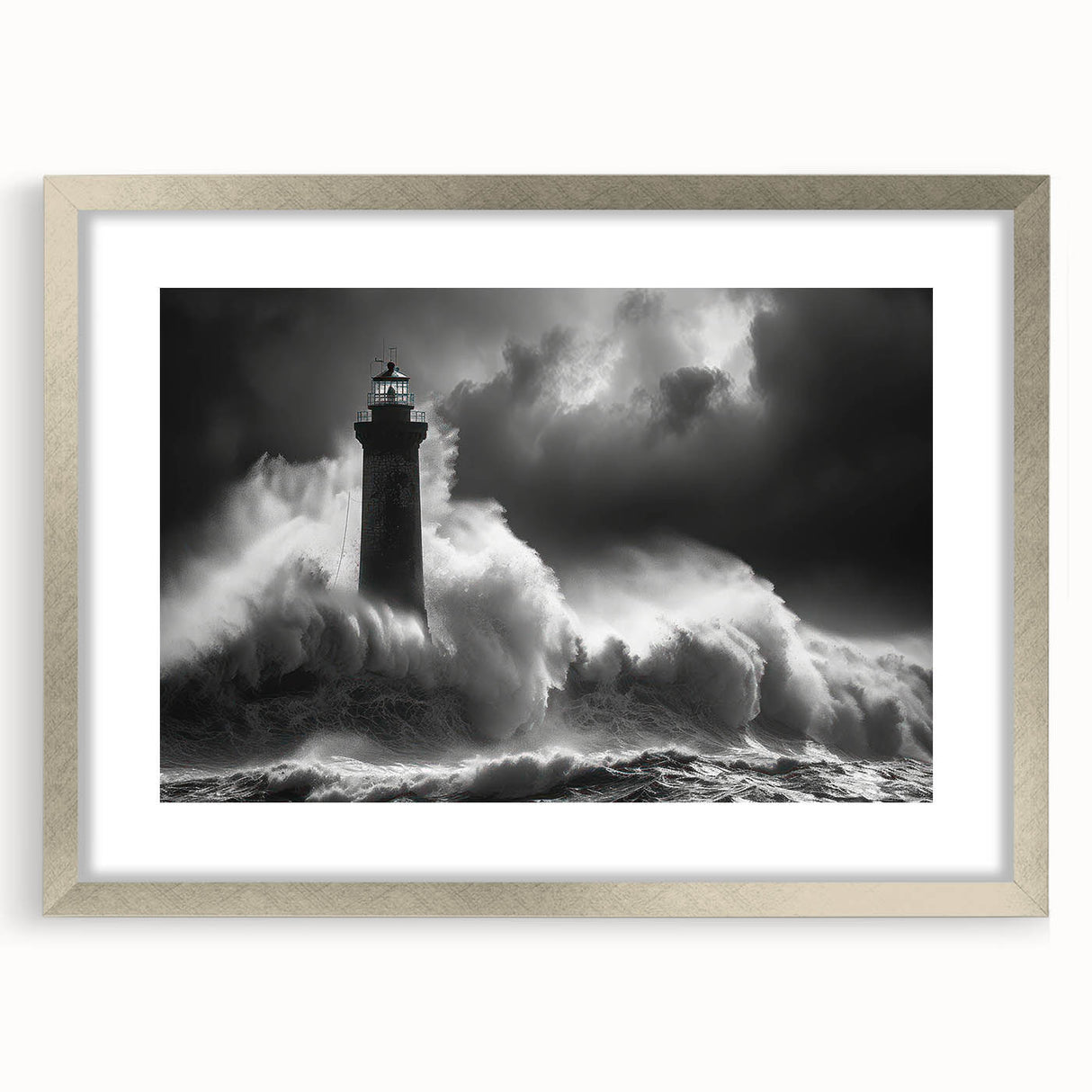 Framed wall art collection featuring a coastal lighthouse design with a silver mat, showcasing serene ocean landscapes ideal for home decor enhancement.