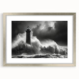 Framed wall art collection featuring a coastal lighthouse design with a silver mat, showcasing serene ocean landscapes ideal for home decor enhancement.