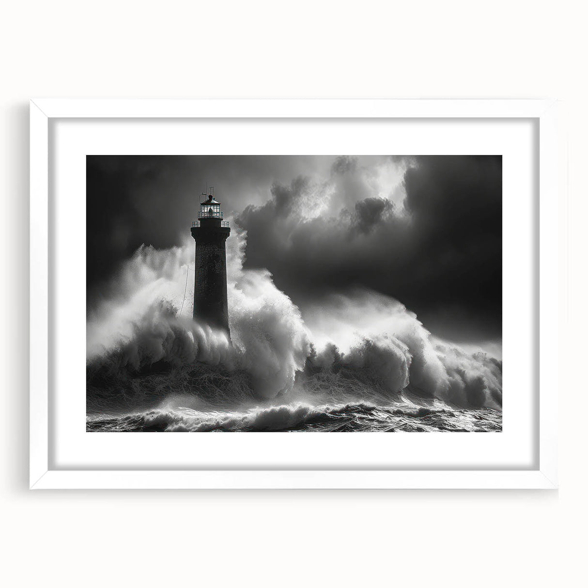 Framed wall art featuring a serene lighthouse landscape design in soft pastel colors, set against a white mat for an elegant presentation in home decor.