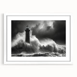 Framed wall art featuring a serene lighthouse landscape design in soft pastel colors, set against a white mat for an elegant presentation in home decor.