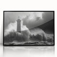 Framed acrylic wall art featuring a scenic lighthouse design in bold colors, showcasing a coastal landscape with a black frame, perfect for home decor.