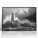 Framed acrylic wall art featuring a scenic lighthouse design in bold colors, showcasing a coastal landscape with a black frame, perfect for home decor.
