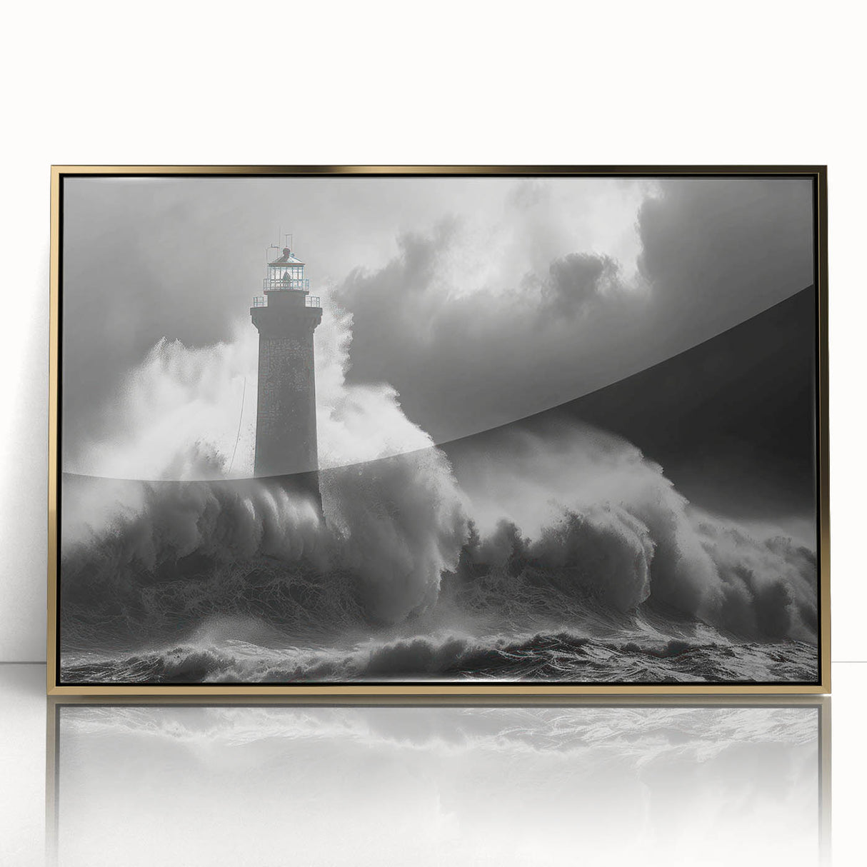 Framed acrylic wall art depicting a serene lighthouse landscape, featuring a golden frame and vibrant colors, perfect for home decor or coastal-themed interiors.