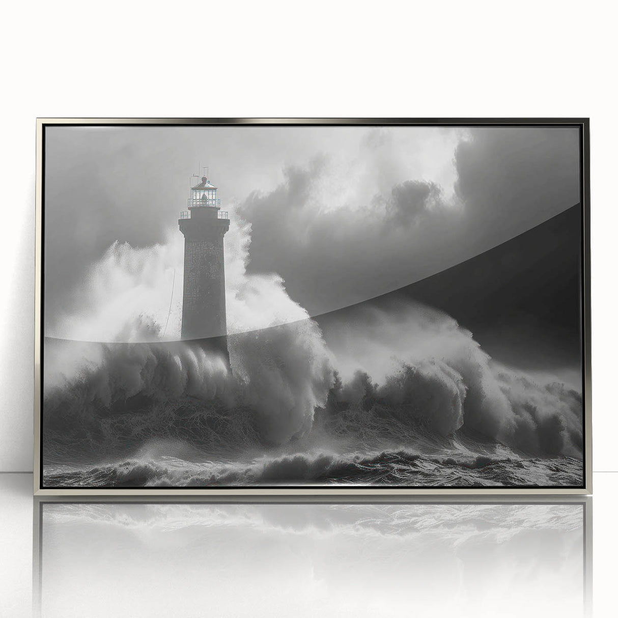 Framed acrylic wall art collection showcasing a coastal lighthouse design with a silver frame, ideal for enhancing modern home decor and nautical themes.