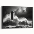 Framed canvas wall art featuring a serene lighthouse landscape design in black, showcasing vibrant colors and intricate details, perfect for coastal decor.