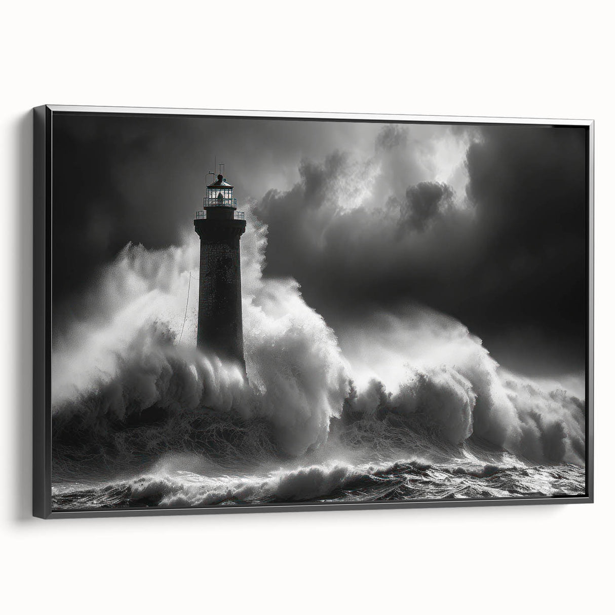 Framed canvas wall art featuring a serene lighthouse landscape design in black, showcasing vibrant colors and intricate details, perfect for coastal decor.