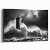 Framed canvas wall art featuring a serene lighthouse landscape design in black, showcasing vibrant colors and intricate details, perfect for coastal decor.