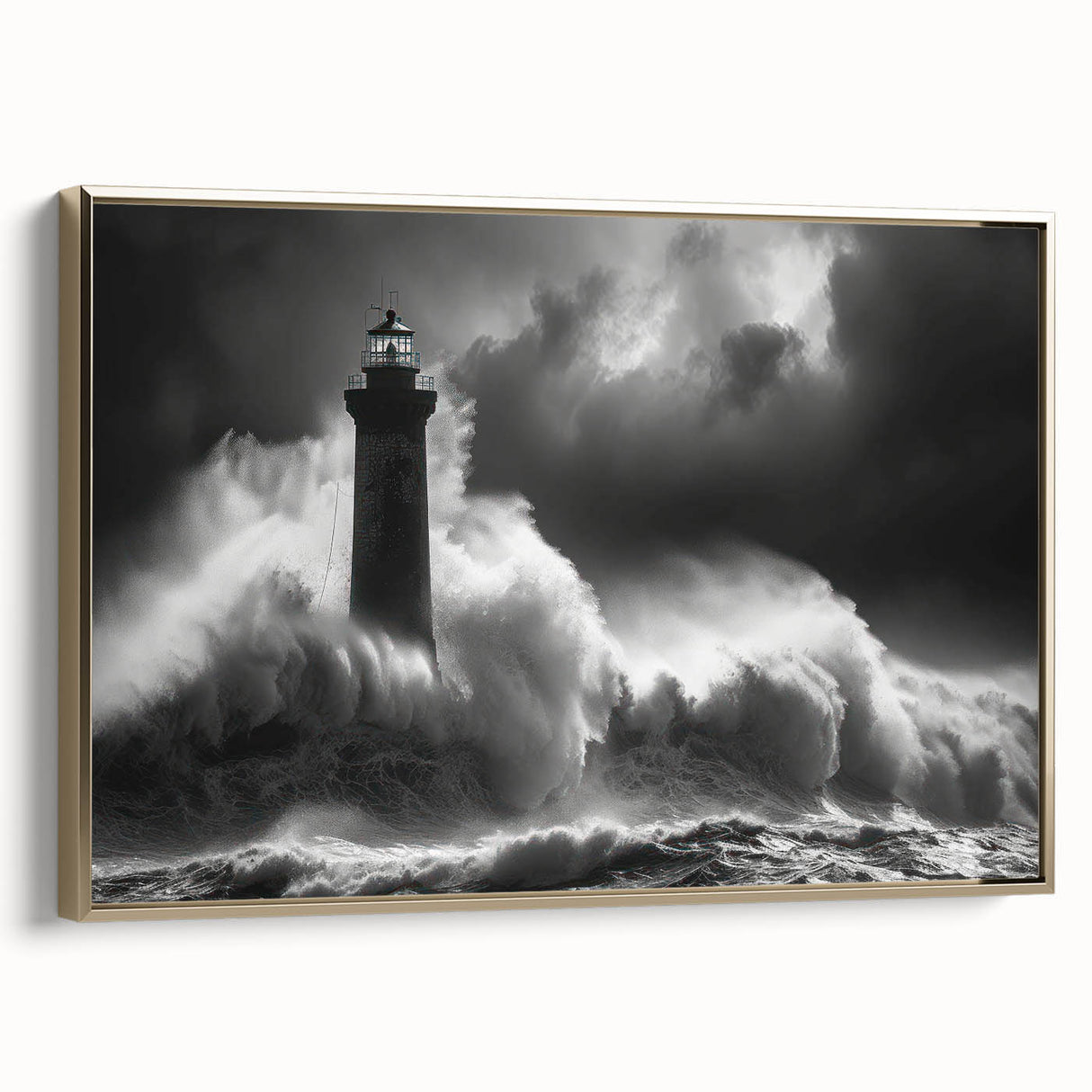 Framed canvas wall art showcasing a coastal landscape with a lighthouse, featuring vibrant colors and a gold frame, ideal for home decor and nautical themes.