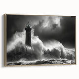 Framed canvas wall art showcasing a coastal landscape with a lighthouse, featuring vibrant colors and a gold frame, ideal for home decor and nautical themes.