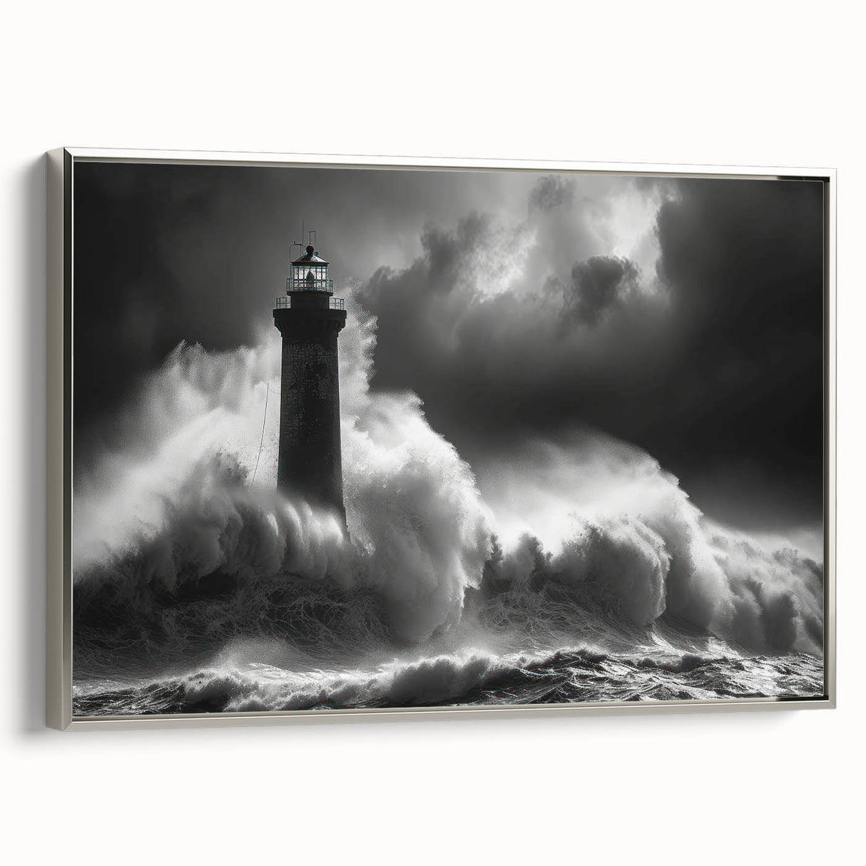 Framed canvas wall art showcasing a serene lighthouse design in soft colors, featuring a silver frame, ideal for coastal-themed decor and enhancing living spaces.