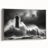 Framed canvas wall art showcasing a serene lighthouse design in soft colors, featuring a silver frame, ideal for coastal-themed decor and enhancing living spaces.