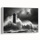 Framed canvas wall art showcasing a serene lighthouse landscape design, featuring vibrant colors and intricate details, ideal for coastal-themed home decor.