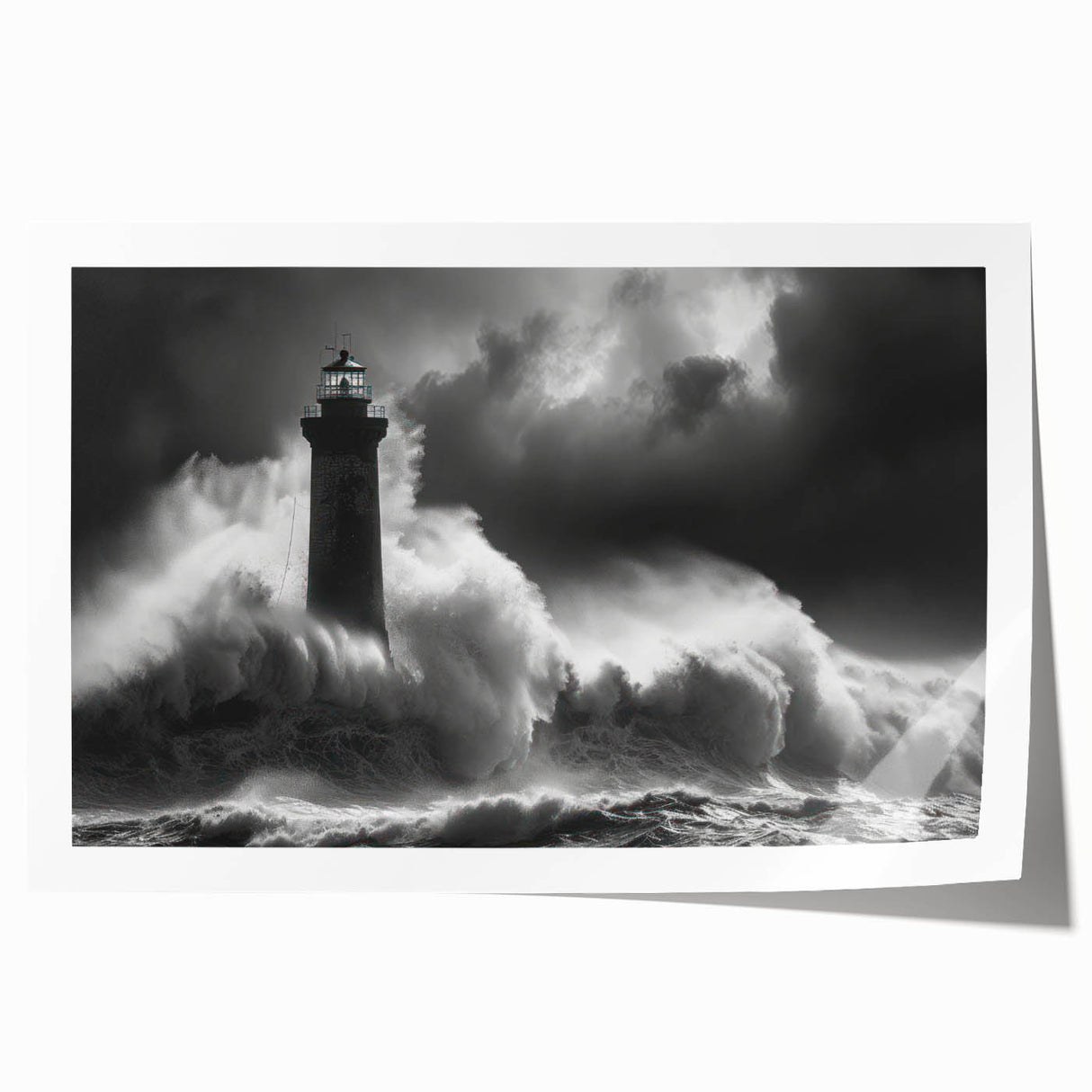 Vibrant rolled print showcasing a serene lighthouse landscape, featuring soft pastels and detailed coastal elements, ideal for modern home decor.