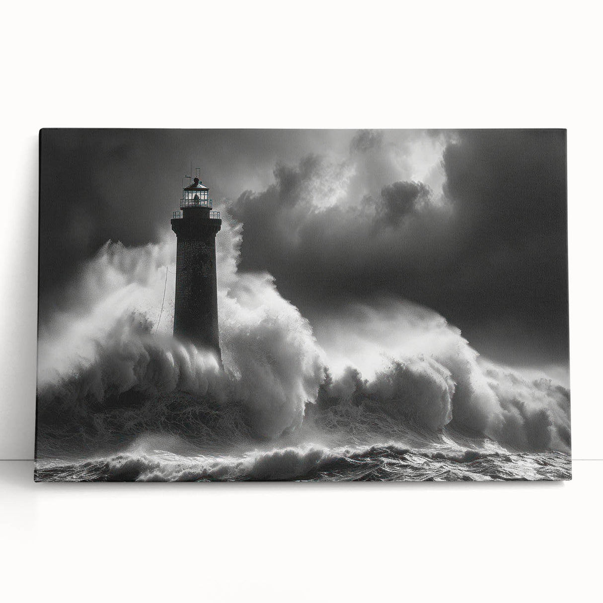 Stretched canvas wall art collection featuring a serene lighthouse design against a vibrant sunset, perfect for coastal-themed home decor. Ideal for creating a calming atmosphere in living spaces.