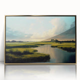 Framed wall art featuring a serene marsh landscape with vibrant greenery and golden accents, designed to enhance any living space's decor.