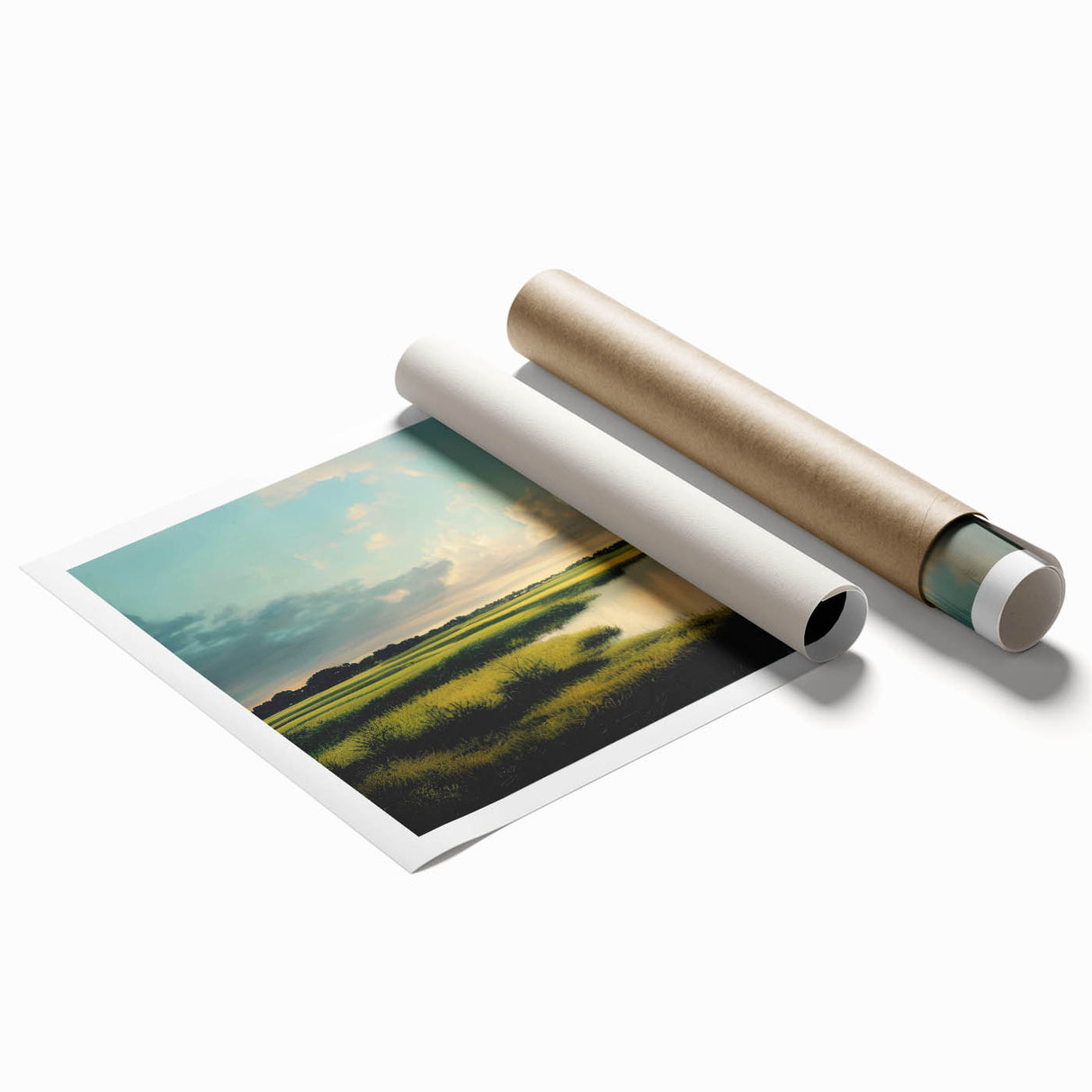 Vibrant wall art print depicting a serene marsh landscape, showcasing lush greenery and reflective water, perfect for enhancing natural-themed decor in homes or offices.