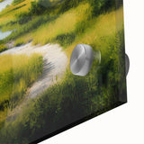 Close-up of a vibrant acrylic glass wall art piece showcasing a serene marsh landscape with lush green reeds and subtle water reflections, perfect for nature-inspired decor. This artwork captures the tranquility of a swamp setting, ideal for enhancing home aesthetics.