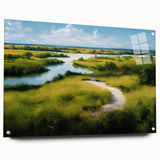 Acrylic glass wall art showcasing a vibrant landscape of a marsh and swamp, featuring lush greens and tranquil water reflections, ideal for nature-inspired decor.