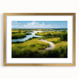 Framed wall art showcasing a serene marsh landscape with lush greenery and tranquil water, elegantly presented with a gold mat and frame, perfect for home decor.