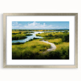 Framed wall art featuring a serene marsh landscape design with a silver mat, showcasing vibrant greens and blues, perfect for home decor enhancement.