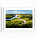 Framed wall art featuring a serene marsh landscape with lush greenery and reflective water, set against a white mat for a modern aesthetic. Perfect for nature enthusiasts.