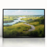 Framed wall art depicting a serene marsh landscape, showcasing lush greenery and calm waters, with a sleek black frame enhancing its modern aesthetic. Perfect for nature lovers and home decor enthusiasts.