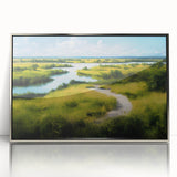 Framed wall art featuring a serene marsh landscape with lush greenery and calm waters, encased in a sleek silver frame, perfect for enhancing home decor.