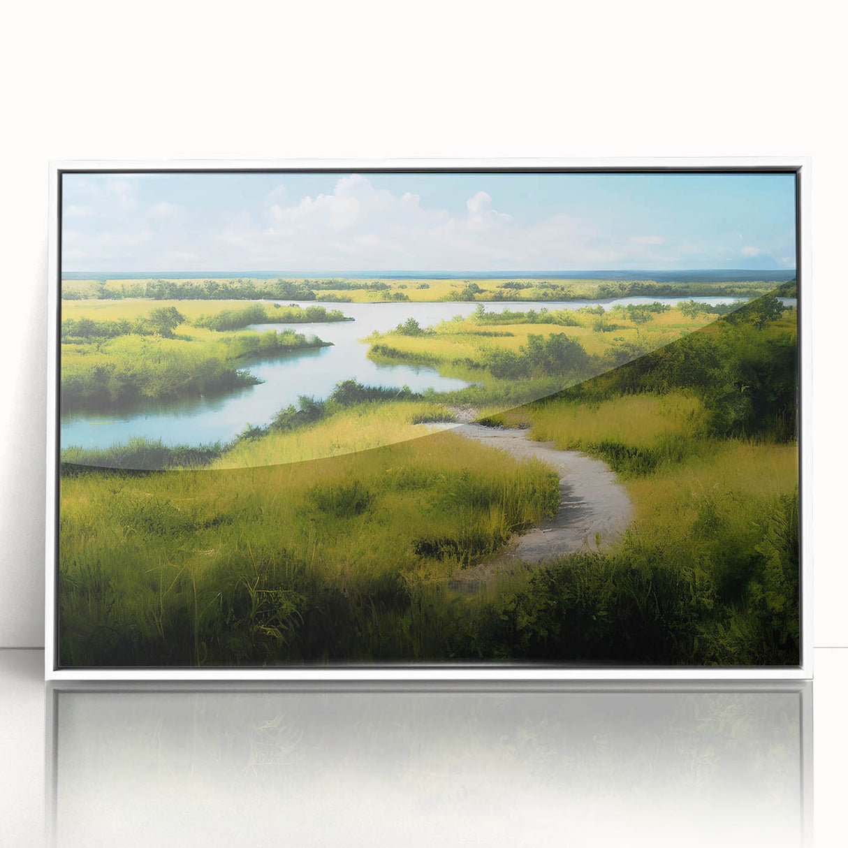 Framed wall art showcasing a serene landscape of a marsh and swamp, featuring lush greenery and tranquil water reflections, perfect for nature lovers' decor.