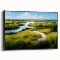Framed canvas displaying a serene marsh landscape with lush greenery and reflections, set against a black frame, ideal for enhancing home decor aesthetics.