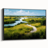Framed canvas displaying a serene marsh landscape with lush greenery and reflections, set against a black frame, ideal for enhancing home decor aesthetics.