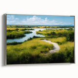 Framed canvas wall art depicting a serene marsh landscape with lush greenery and calm waters, featuring a silver frame that enhances the natural scene. Perfect for adding tranquility to any space.