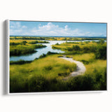 Framed canvas wall art showcasing a serene marsh landscape with vibrant green foliage and soft blue water, ideal for nature lovers and home decor enthusiasts.