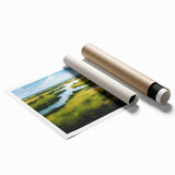 Vibrant rolled print of a tranquil marsh landscape showcasing lush green vegetation and serene water reflections, perfect for enhancing home decor with nature-inspired art.