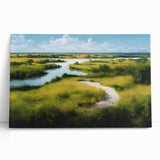 Vibrant stretched canvas wall art showcasing a serene marsh landscape with lush greenery and calm waters, perfect for nature-inspired home decor.