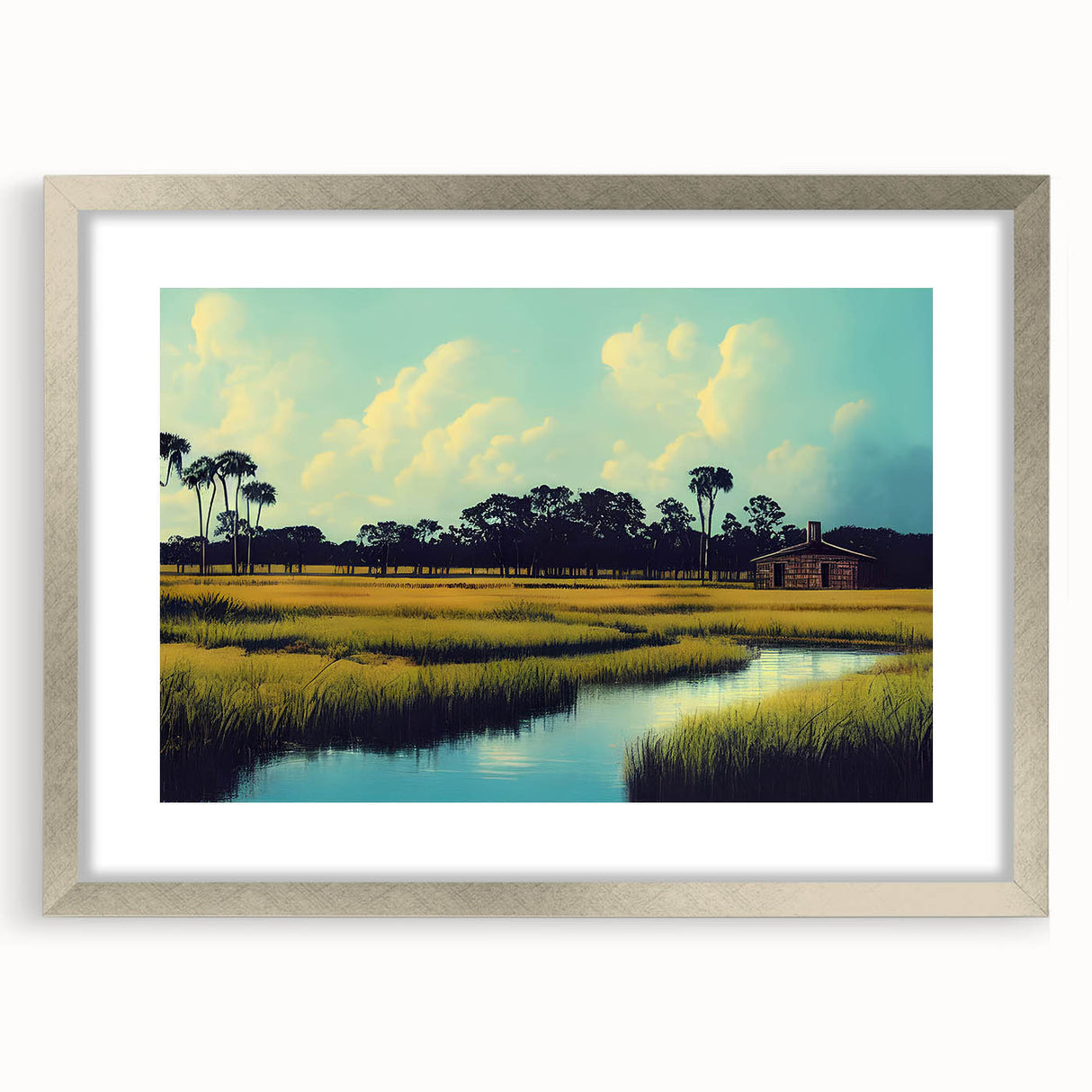 Framed wall art collection featuring a serene marsh landscape design with a silver mat and frame, perfect for enhancing home decor with nature themes.