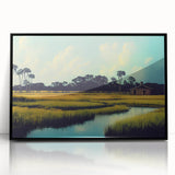 Framed wall art collection showcasing a serene marsh and swamp landscape, featuring vibrant greens and blues, set in a sleek black frame for modern decor. Perfect for nature lovers and interior styling.