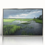 Framed acrylic wall art showcasing a serene marsh landscape with lush greenery and reflections in water, designed for elegant home decor, perfect for nature lovers.