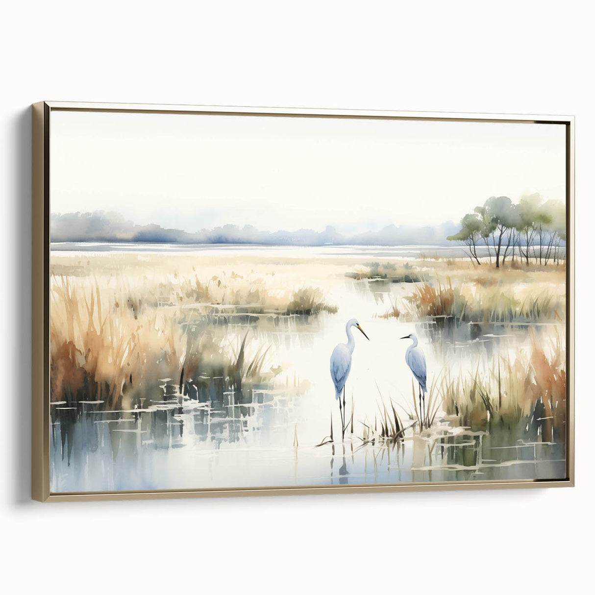 Framed wall art collection featuring a serene marsh landscape with vibrant greenery and soft gold accents, ideal for enhancing home decor in living spaces.