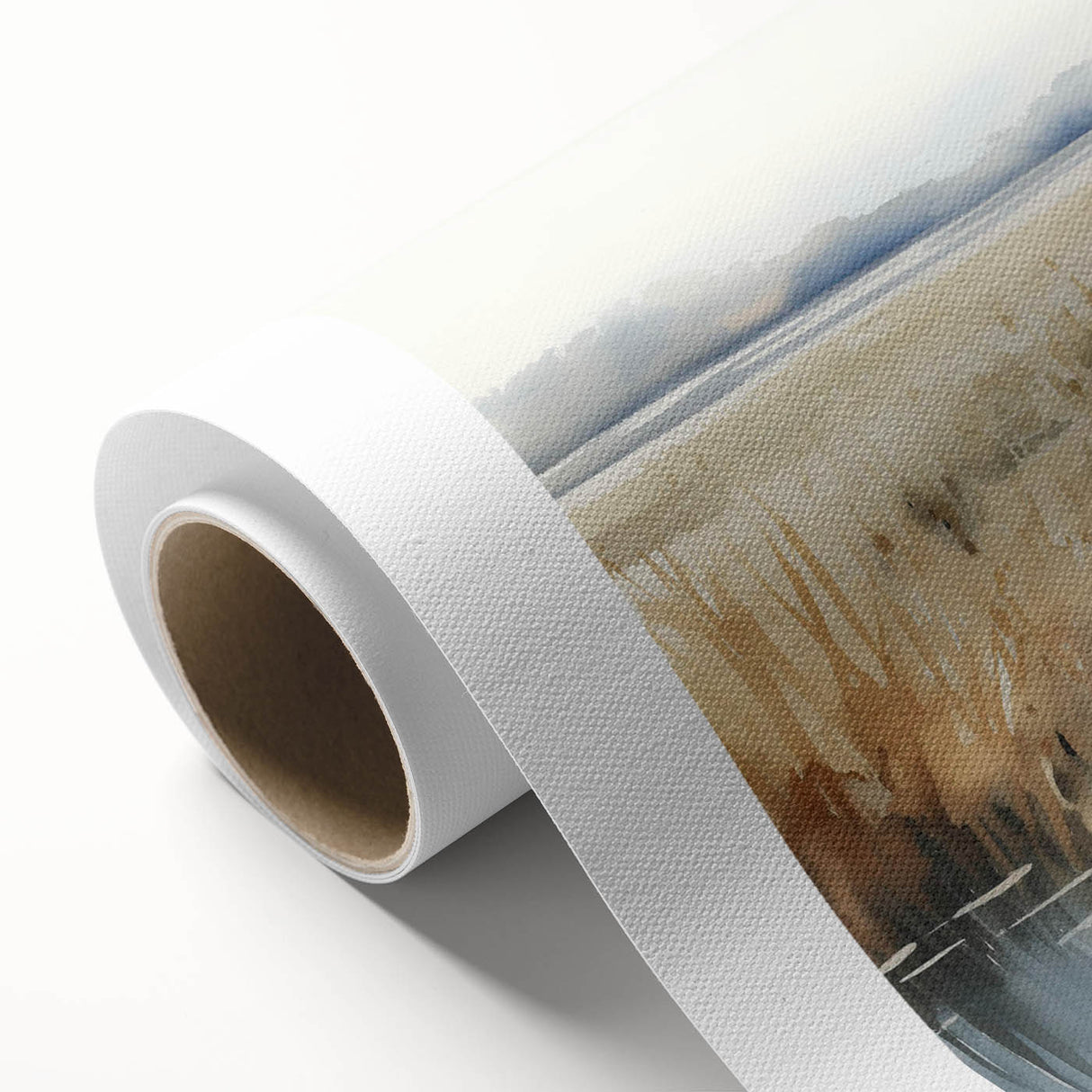Vibrant rolled canvas showcasing a serene marsh landscape with lush greenery and reflective water, perfect for home decor or nature-themed art collection.