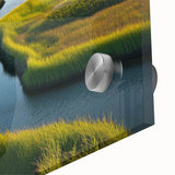 Close-up of a vibrant acrylic glass wall art piece featuring a serene marsh landscape with lush greenery and reflective water, perfect for nature-inspired decor.