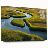 Acrylic wall art design showcasing a serene marshland and swamp landscape, featuring vibrant green vegetation and tranquil water reflections, ideal for nature lovers’ home decor.