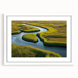 Framed wall art featuring a serene marsh landscape with lush greenery and water reflections, set in a white mat, perfect for home decor.