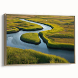 Framed wall art showcasing a serene marsh landscape with vibrant greens and gold accents. Ideal for adding a touch of nature to home decor, this canvas print exudes tranquility and elegance. Perfect for nature enthusiasts and art lovers alike.