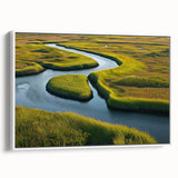 Framed canvas wall art depicting a vibrant marsh landscape with lush greenery and serene water reflections, ideal for nature-themed decor in any setting.