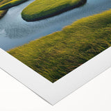 Vibrant rolled canvas wall art depicting a serene marsh landscape, showcasing lush greenery and reflections in tranquil water, ideal for nature-inspired decor.