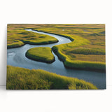 Stretched canvas wall art depicting a serene marsh landscape with lush greenery and reflective water, ideal for nature-themed decor in living spaces.